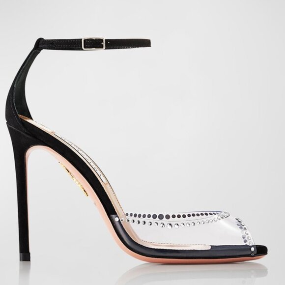 NWT Aquazzura Ray Of Light Sandals Plexi Crystal Peep Toe 105 Black Suede/PVC - Picture 1 of 13